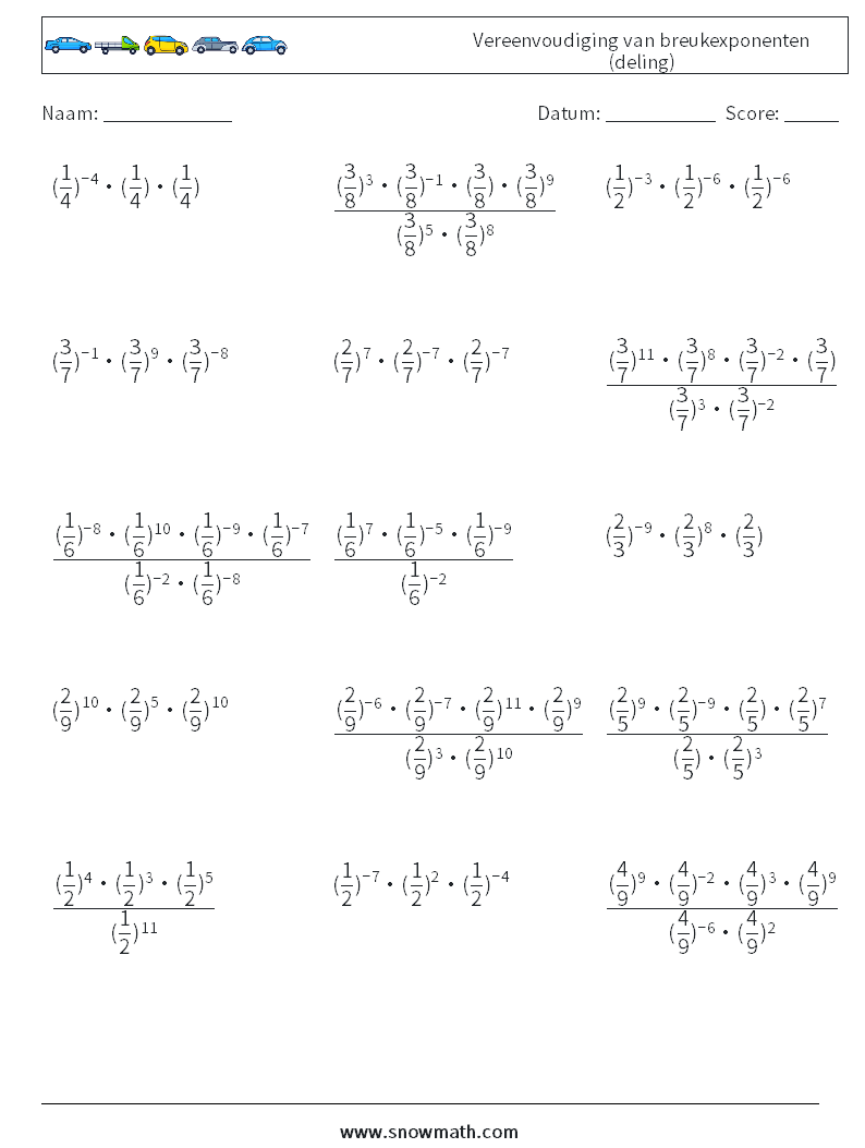 Vereenvoudiging van breukexponenten (deling) Wiskundige werkbladen 9