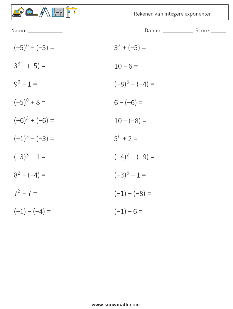 Rekenen van integere exponenten Wiskundige werkbladen 7