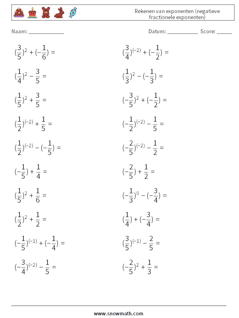  Rekenen van exponenten (negatieve fractionele exponenten) Wiskundige werkbladen 2