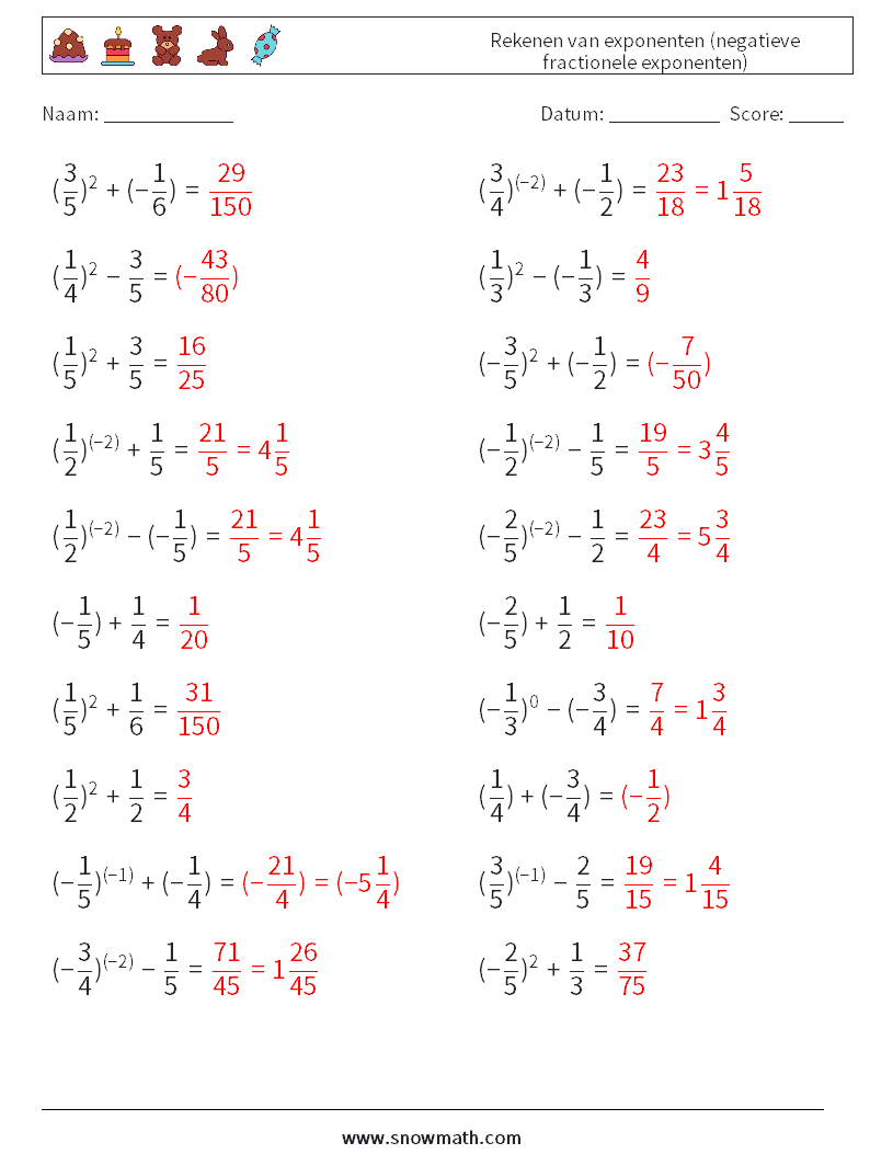  Rekenen van exponenten (negatieve fractionele exponenten) Wiskundige werkbladen 2 Vraag, Antwoord