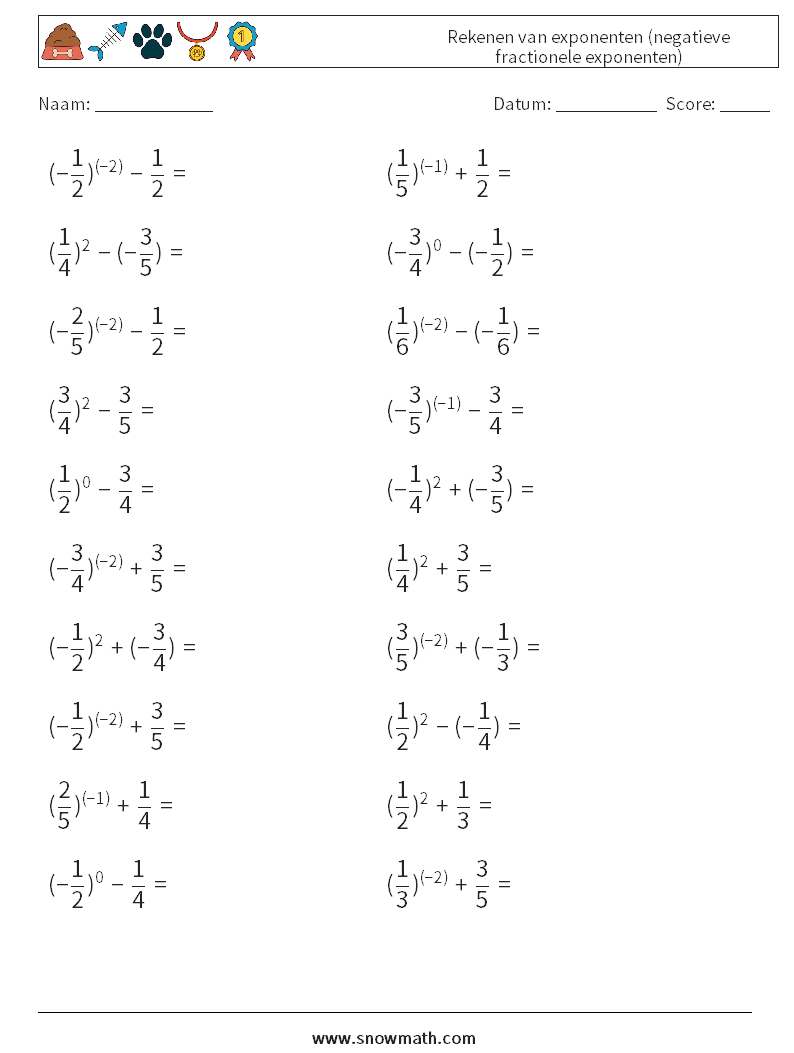  Rekenen van exponenten (negatieve fractionele exponenten) Wiskundige werkbladen 3