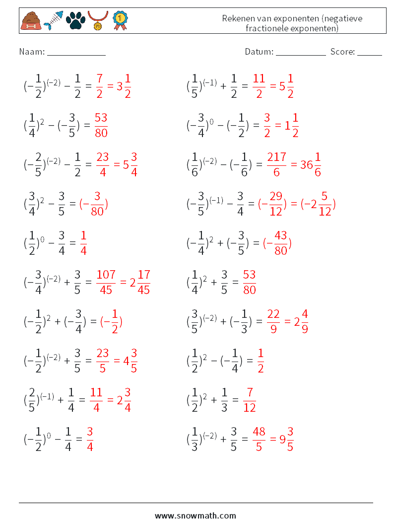  Rekenen van exponenten (negatieve fractionele exponenten) Wiskundige werkbladen 3 Vraag, Antwoord