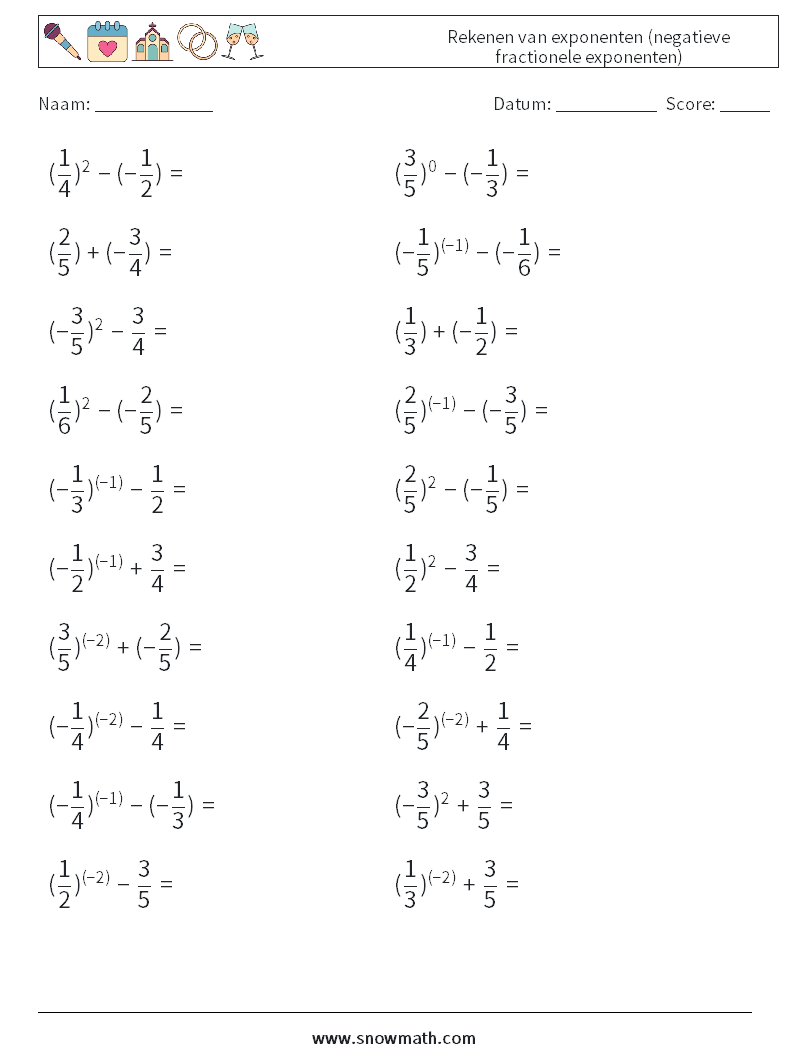  Rekenen van exponenten (negatieve fractionele exponenten) Wiskundige werkbladen 4