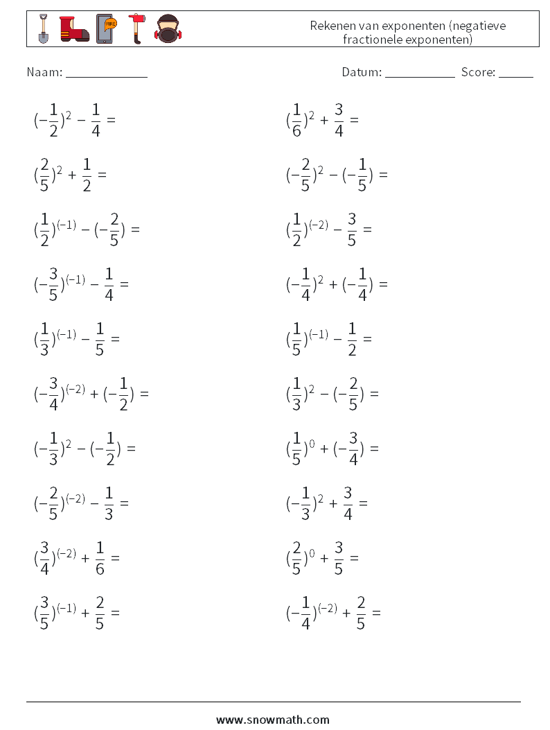  Rekenen van exponenten (negatieve fractionele exponenten) Wiskundige werkbladen 5