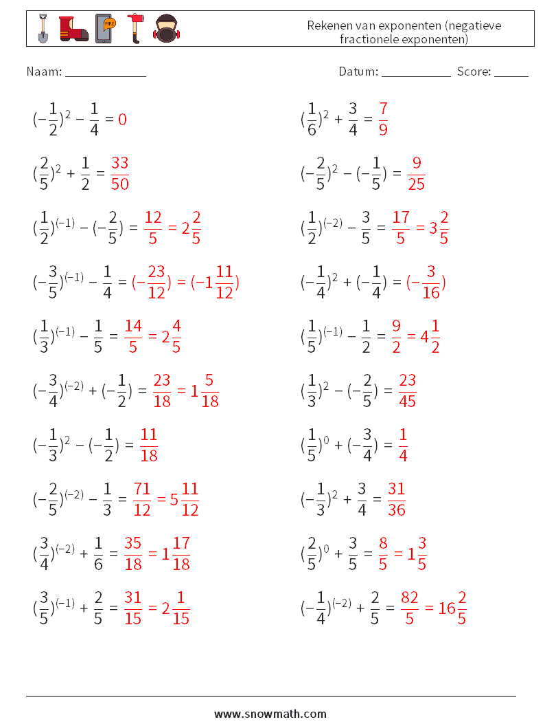  Rekenen van exponenten (negatieve fractionele exponenten) Wiskundige werkbladen 5 Vraag, Antwoord