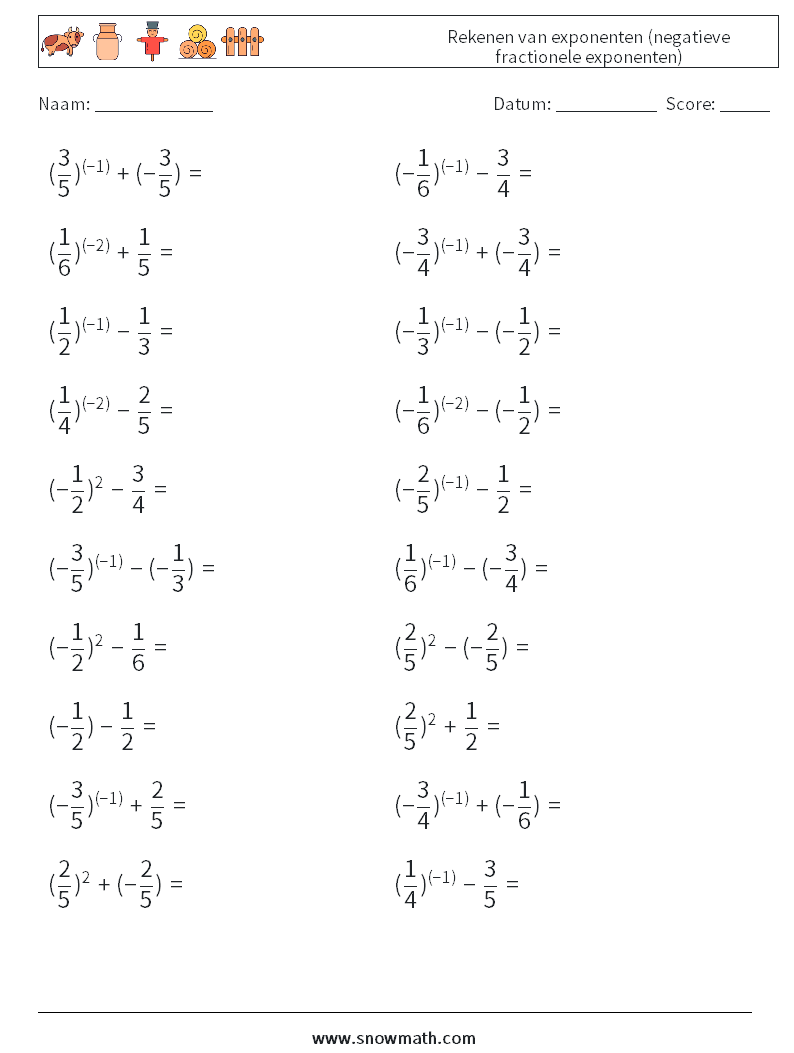  Rekenen van exponenten (negatieve fractionele exponenten) Wiskundige werkbladen 7