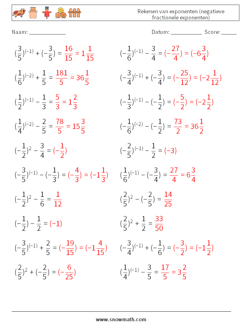  Rekenen van exponenten (negatieve fractionele exponenten) Wiskundige werkbladen 7 Vraag, Antwoord