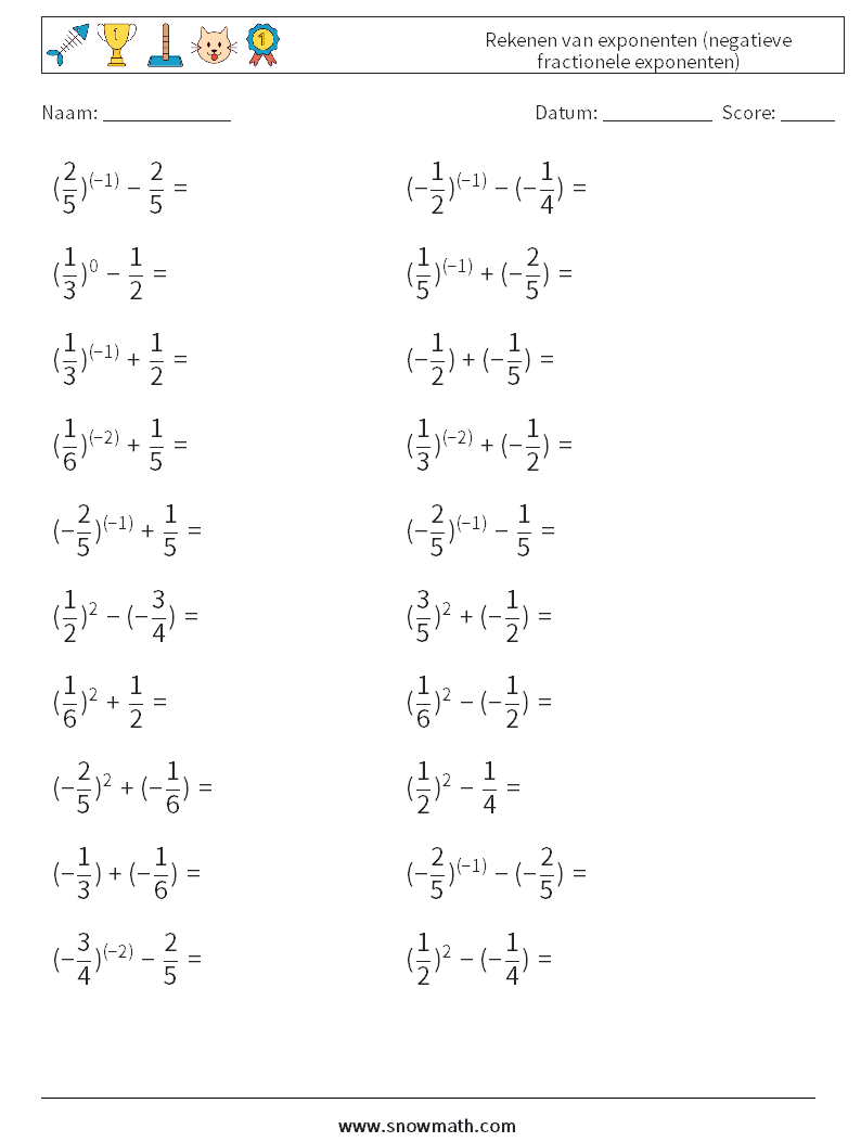  Rekenen van exponenten (negatieve fractionele exponenten) Wiskundige werkbladen 8