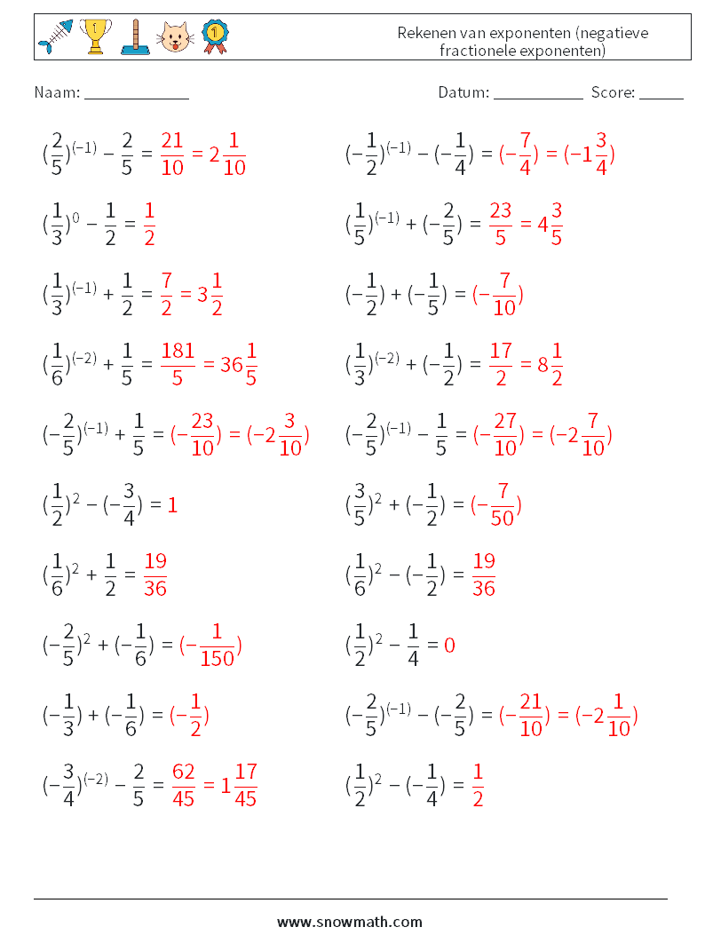  Rekenen van exponenten (negatieve fractionele exponenten) Wiskundige werkbladen 8 Vraag, Antwoord