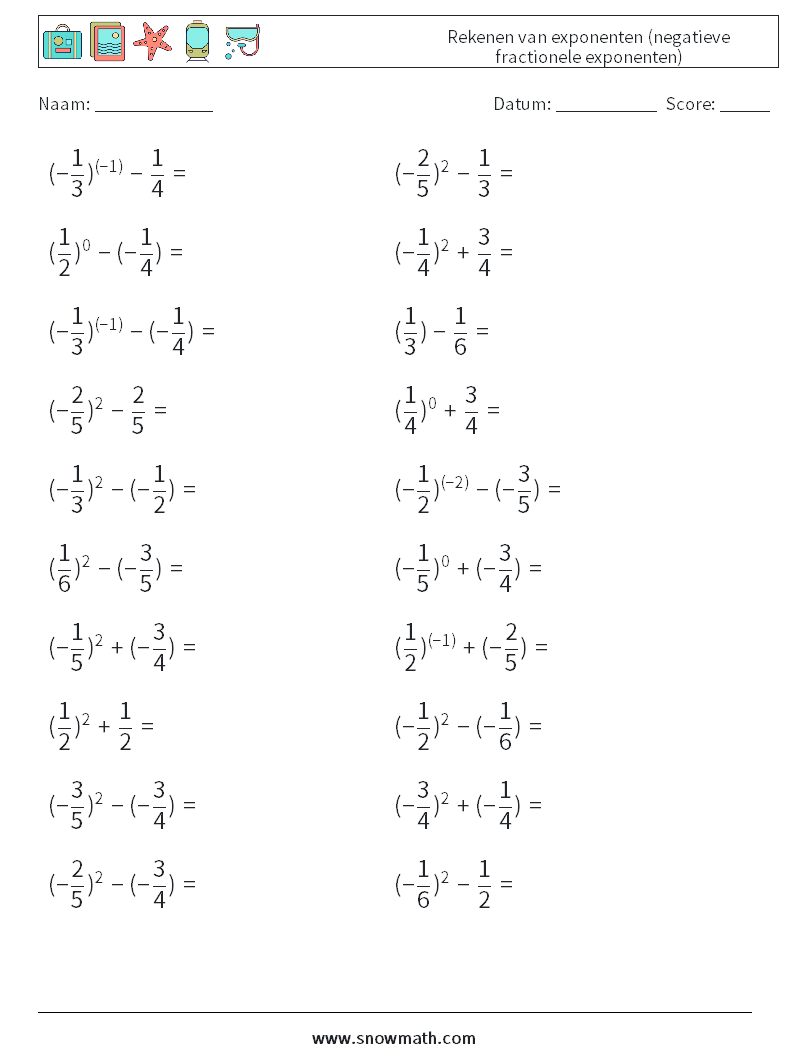  Rekenen van exponenten (negatieve fractionele exponenten) Wiskundige werkbladen 9
