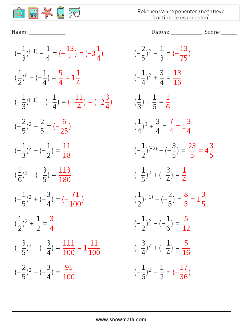  Rekenen van exponenten (negatieve fractionele exponenten) Wiskundige werkbladen 9 Vraag, Antwoord
