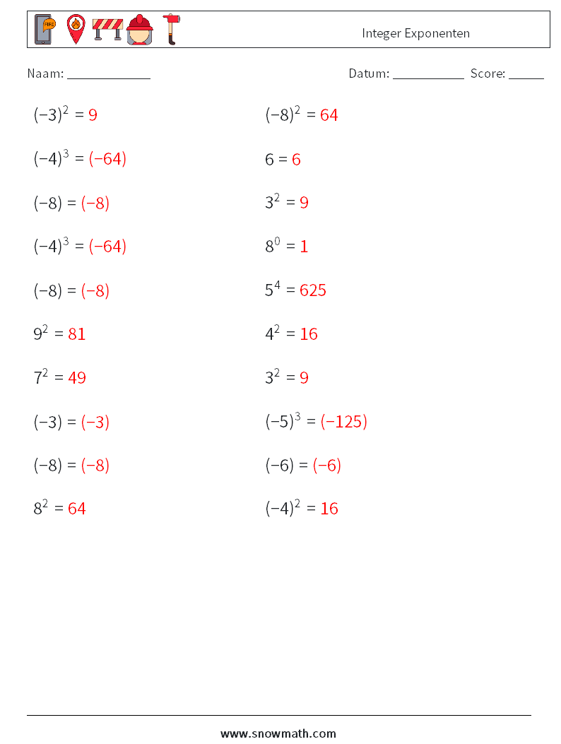 Integer Exponenten Wiskundige werkbladen 9 Vraag, Antwoord