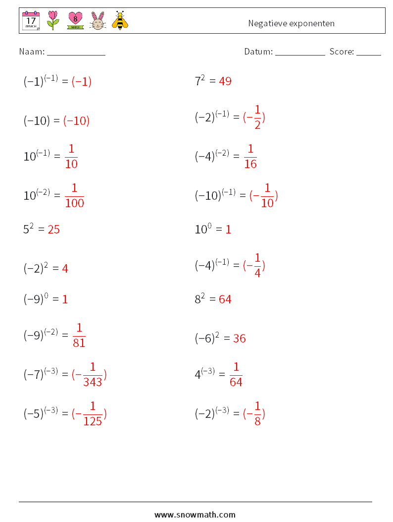  Negatieve exponenten Wiskundige werkbladen 4 Vraag, Antwoord