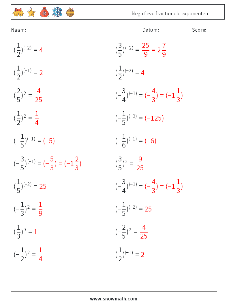 Negatieve fractionele exponenten Wiskundige werkbladen 2 Vraag, Antwoord
