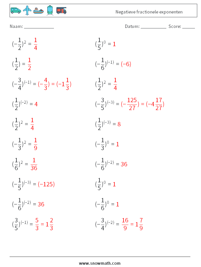 Negatieve fractionele exponenten Wiskundige werkbladen 3 Vraag, Antwoord