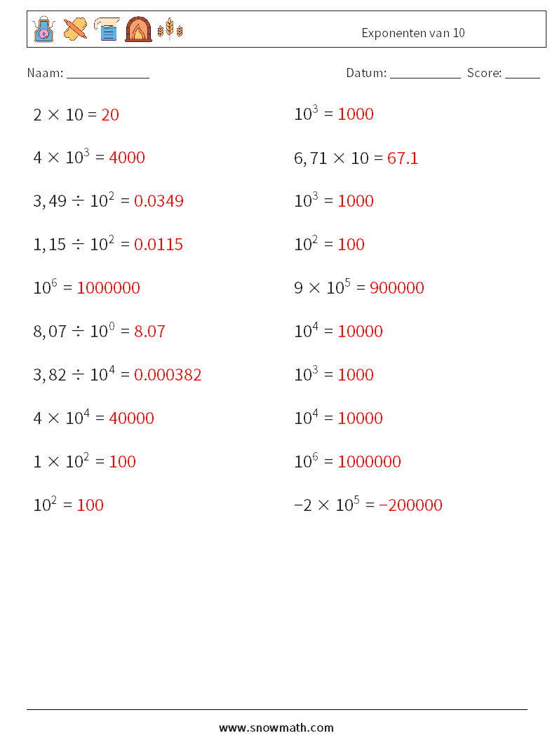 Exponenten van 10 Wiskundige werkbladen 1 Vraag, Antwoord