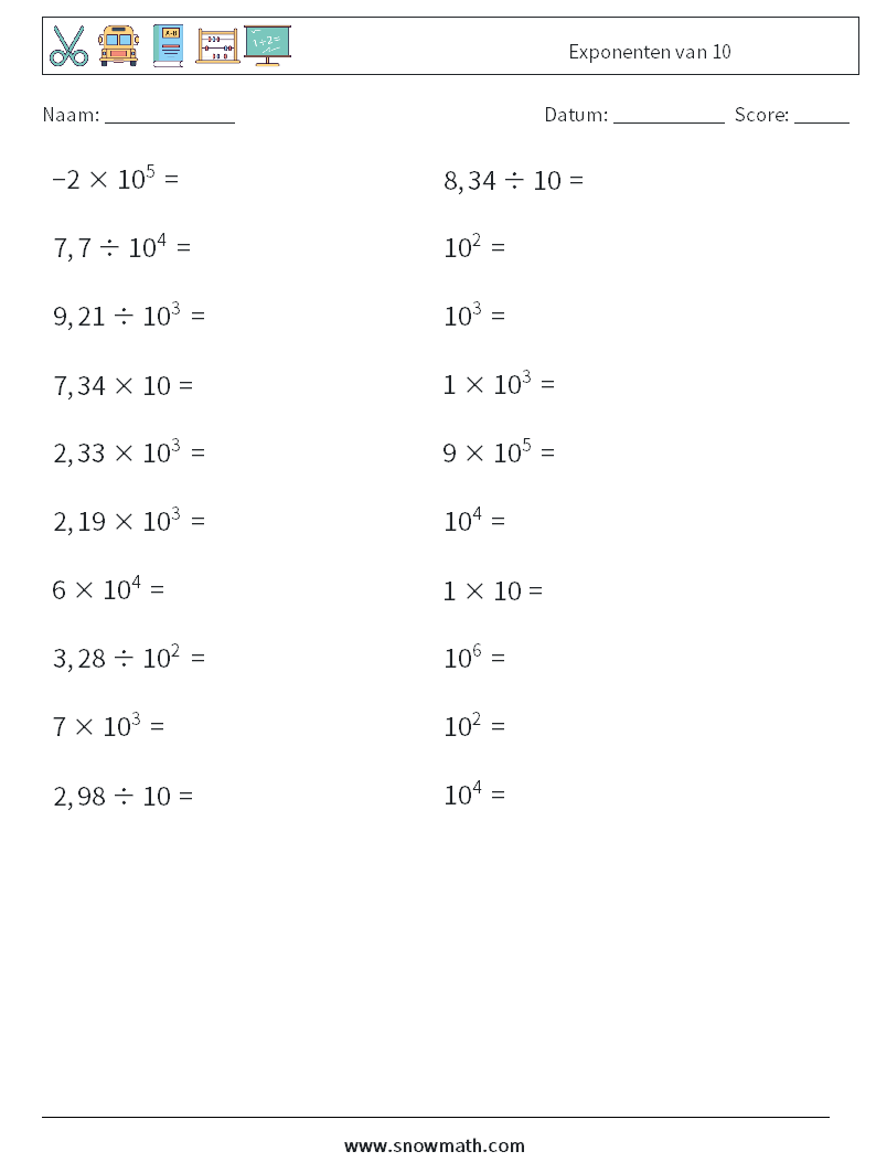 Exponenten van 10 Wiskundige werkbladen 2