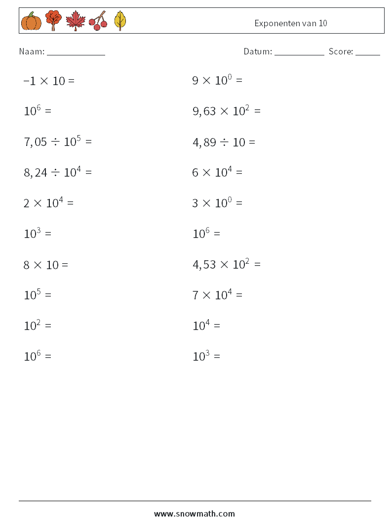 Exponenten van 10 Wiskundige werkbladen 5
