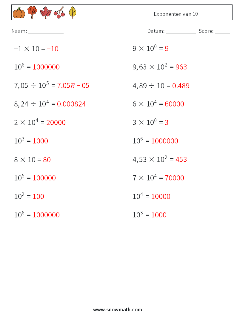 Exponenten van 10 Wiskundige werkbladen 5 Vraag, Antwoord