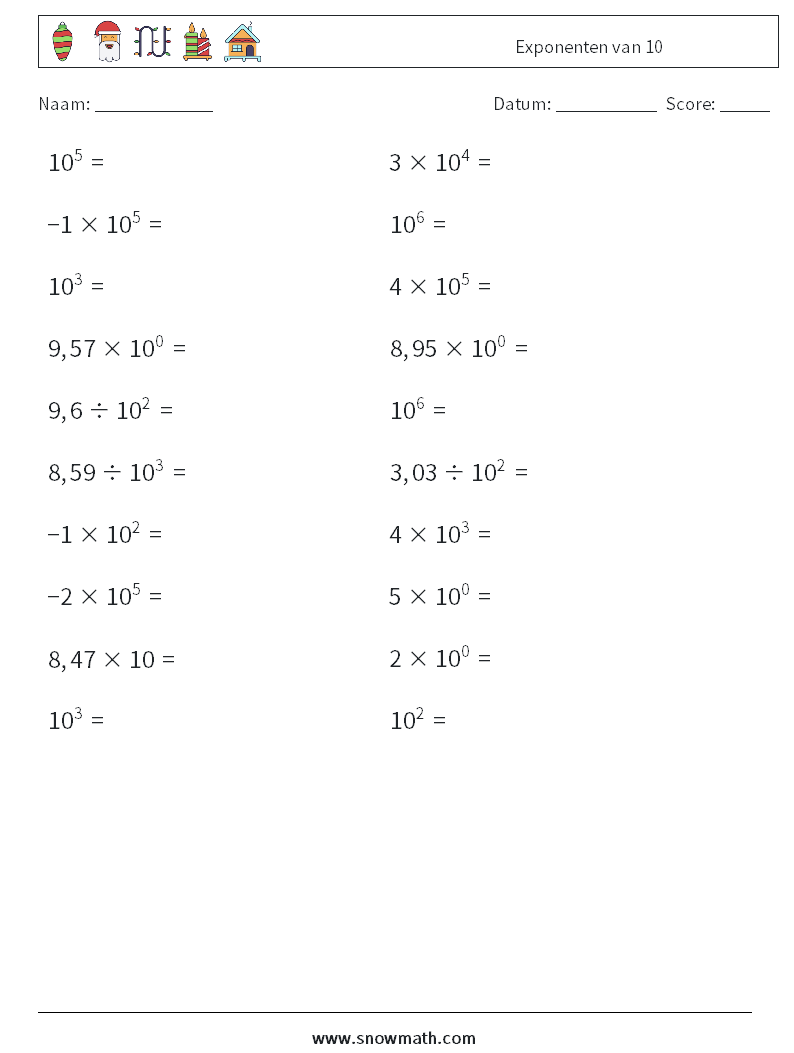 Exponenten van 10 Wiskundige werkbladen 6