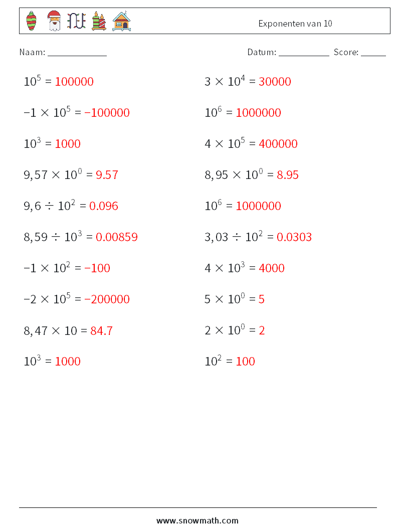 Exponenten van 10 Wiskundige werkbladen 6 Vraag, Antwoord