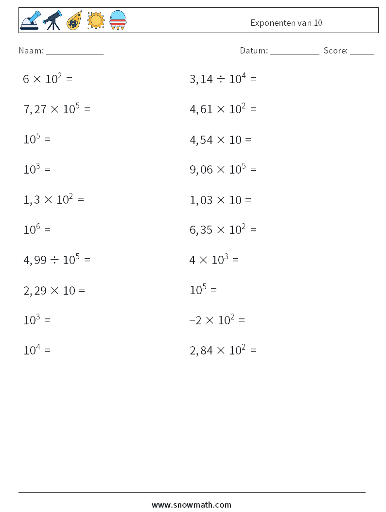 Exponenten van 10 Wiskundige werkbladen 9