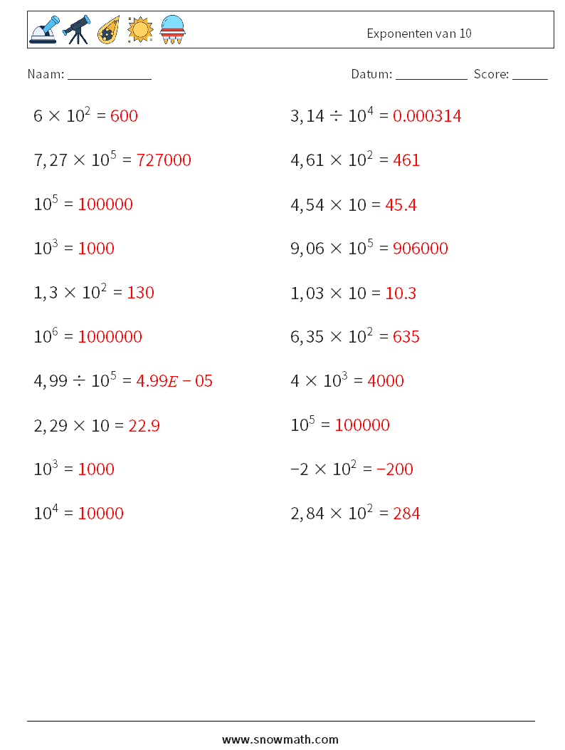 Exponenten van 10 Wiskundige werkbladen 9 Vraag, Antwoord