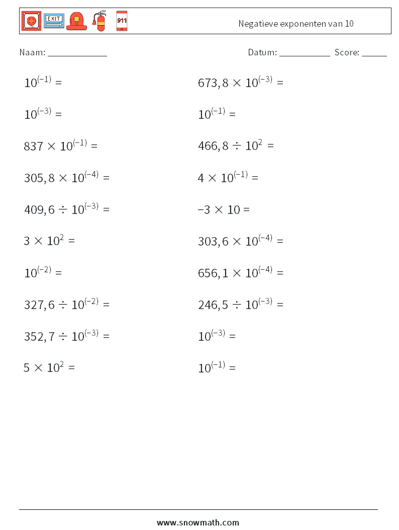Negatieve exponenten van 10 Wiskundige werkbladen 2