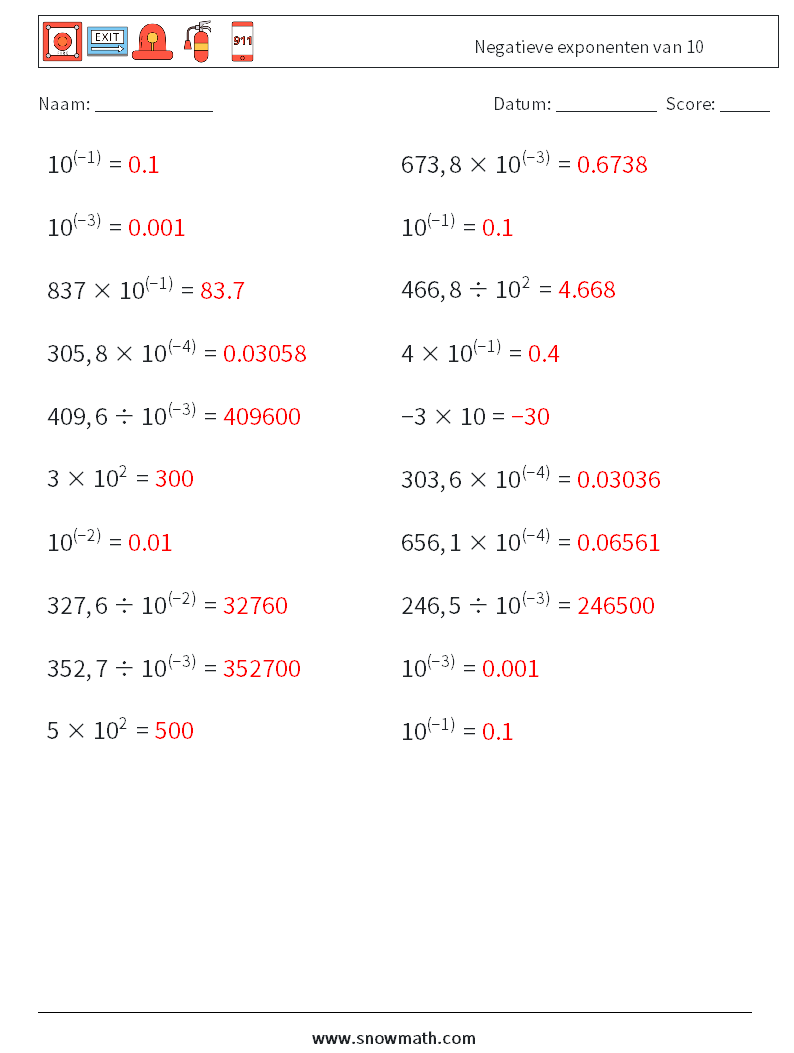 Negatieve exponenten van 10 Wiskundige werkbladen 2 Vraag, Antwoord