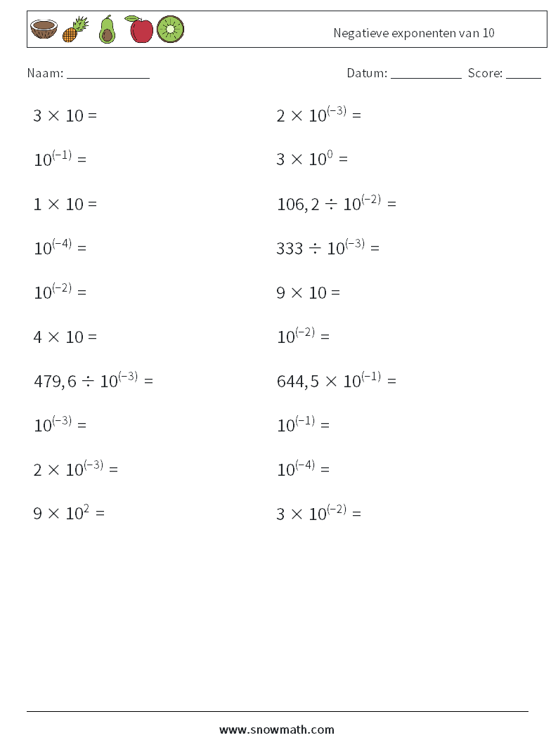 Negatieve exponenten van 10 Wiskundige werkbladen 3