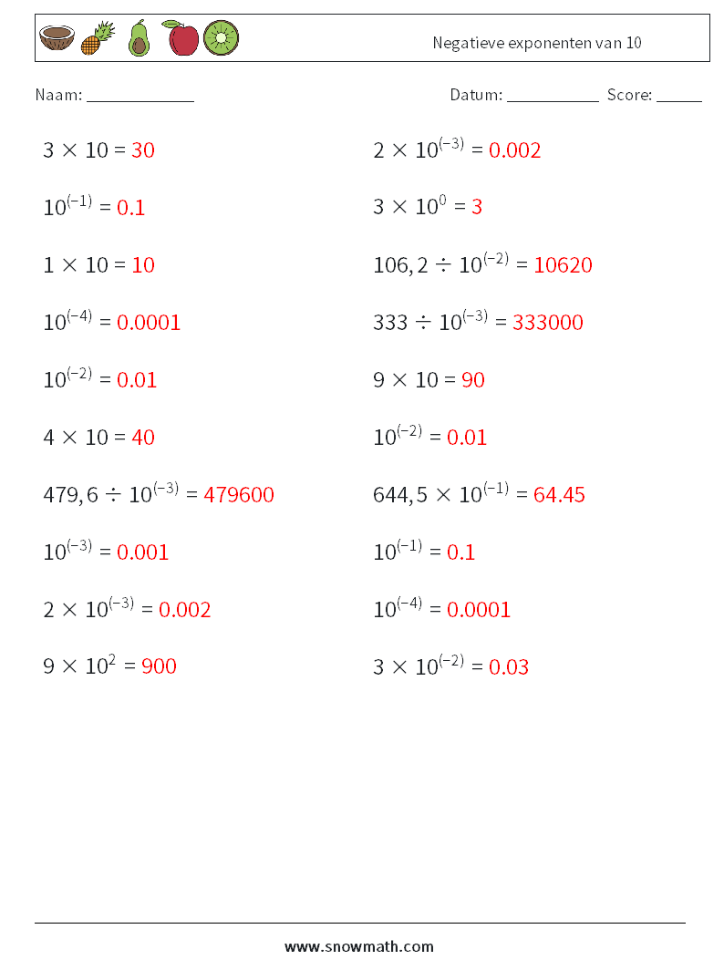 Negatieve exponenten van 10 Wiskundige werkbladen 3 Vraag, Antwoord