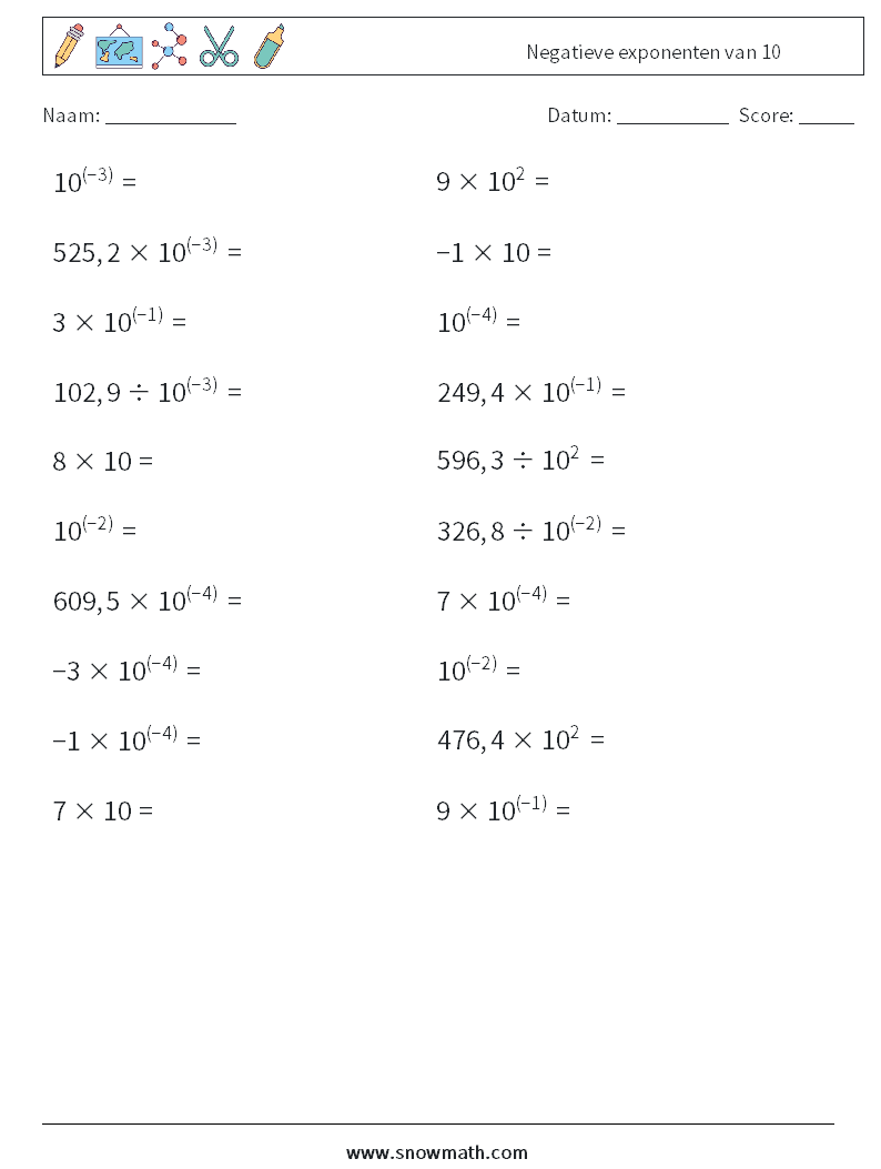 Negatieve exponenten van 10 Wiskundige werkbladen 4