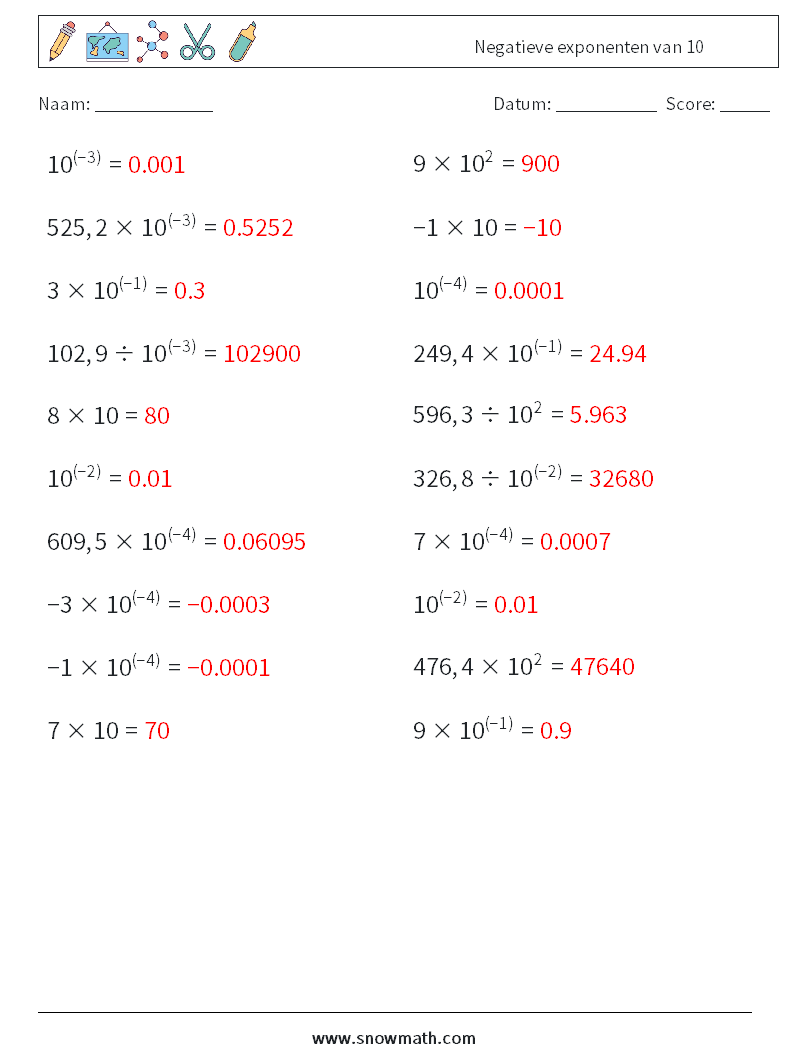 Negatieve exponenten van 10 Wiskundige werkbladen 4 Vraag, Antwoord