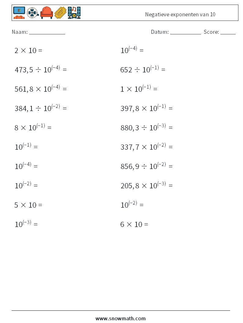 Negatieve exponenten van 10 Wiskundige werkbladen 5