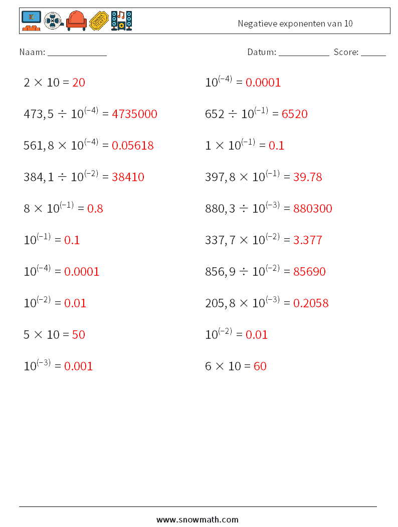 Negatieve exponenten van 10 Wiskundige werkbladen 5 Vraag, Antwoord