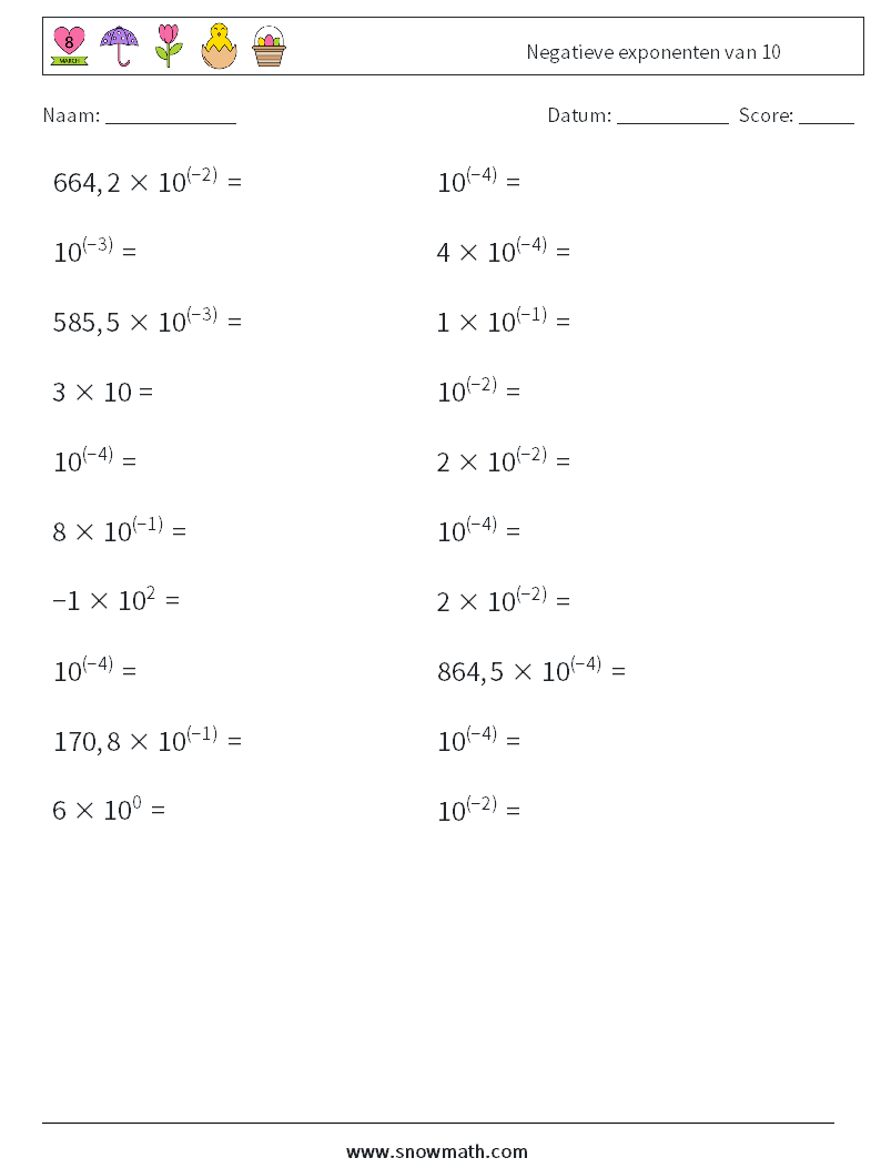 Negatieve exponenten van 10 Wiskundige werkbladen 6