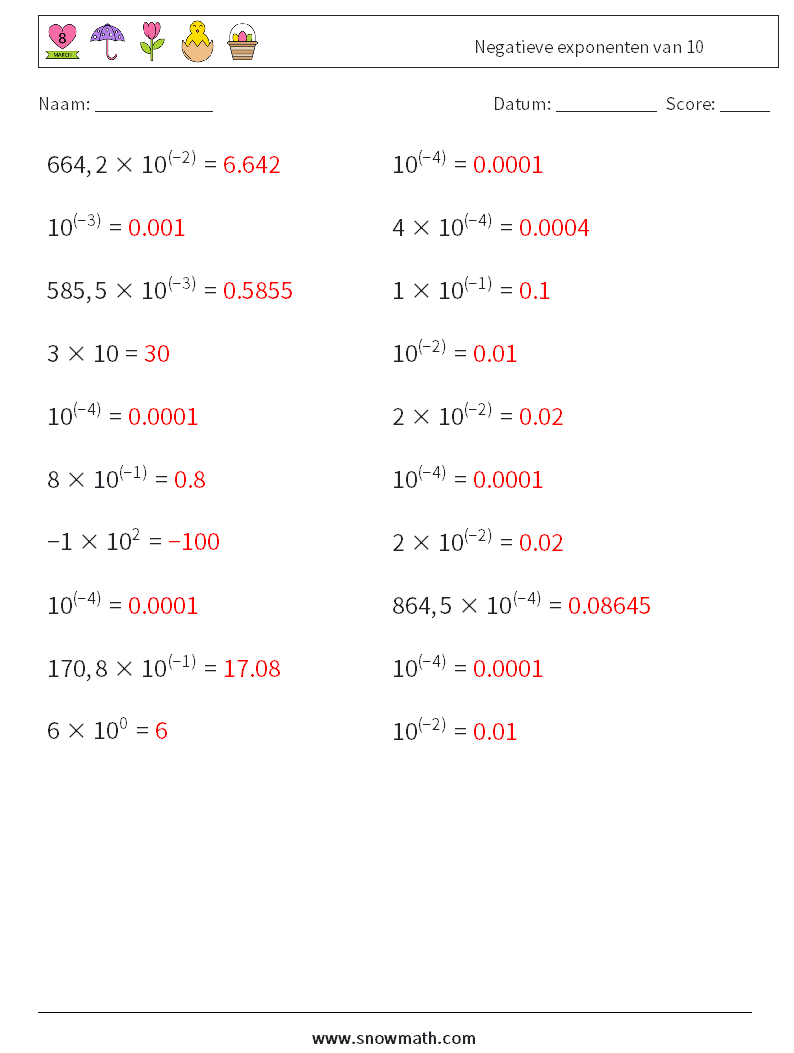 Negatieve exponenten van 10 Wiskundige werkbladen 6 Vraag, Antwoord