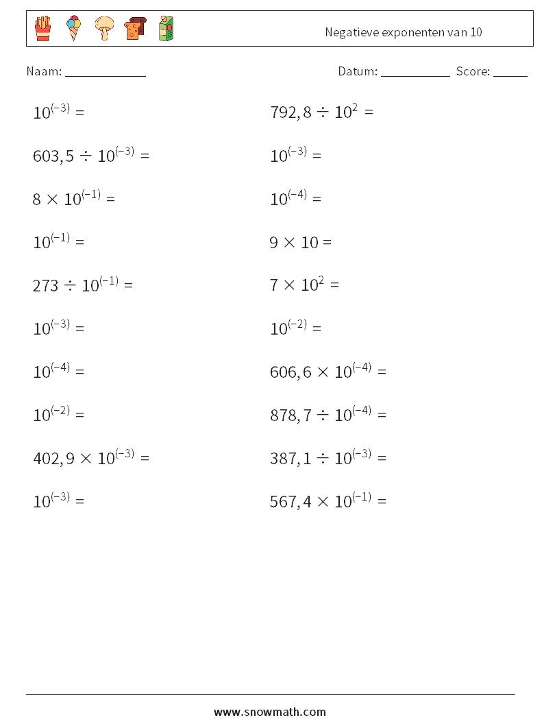 Negatieve exponenten van 10 Wiskundige werkbladen 7