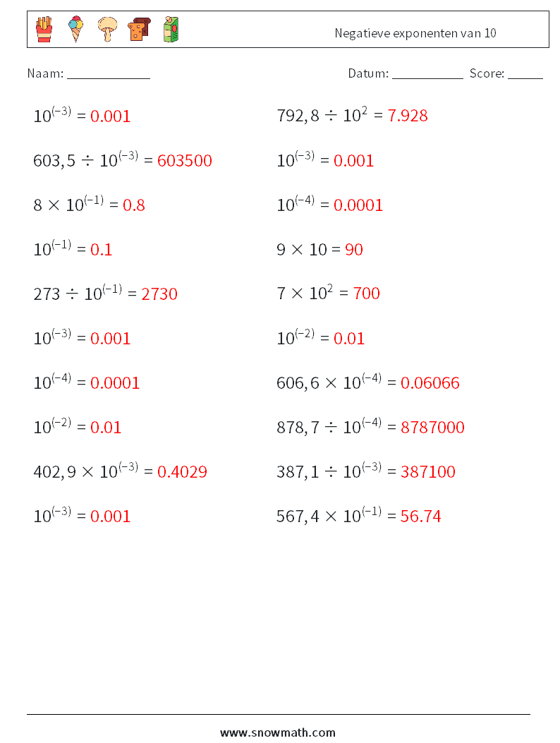 Negatieve exponenten van 10 Wiskundige werkbladen 7 Vraag, Antwoord