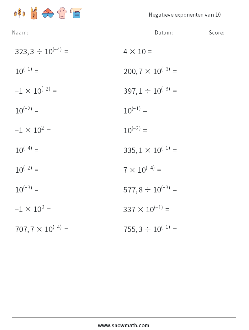 Negatieve exponenten van 10 Wiskundige werkbladen 8