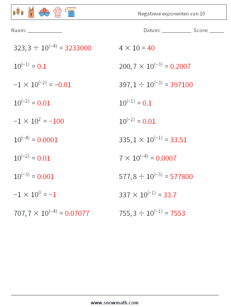 Negatieve exponenten van 10 Wiskundige werkbladen 8 Vraag, Antwoord