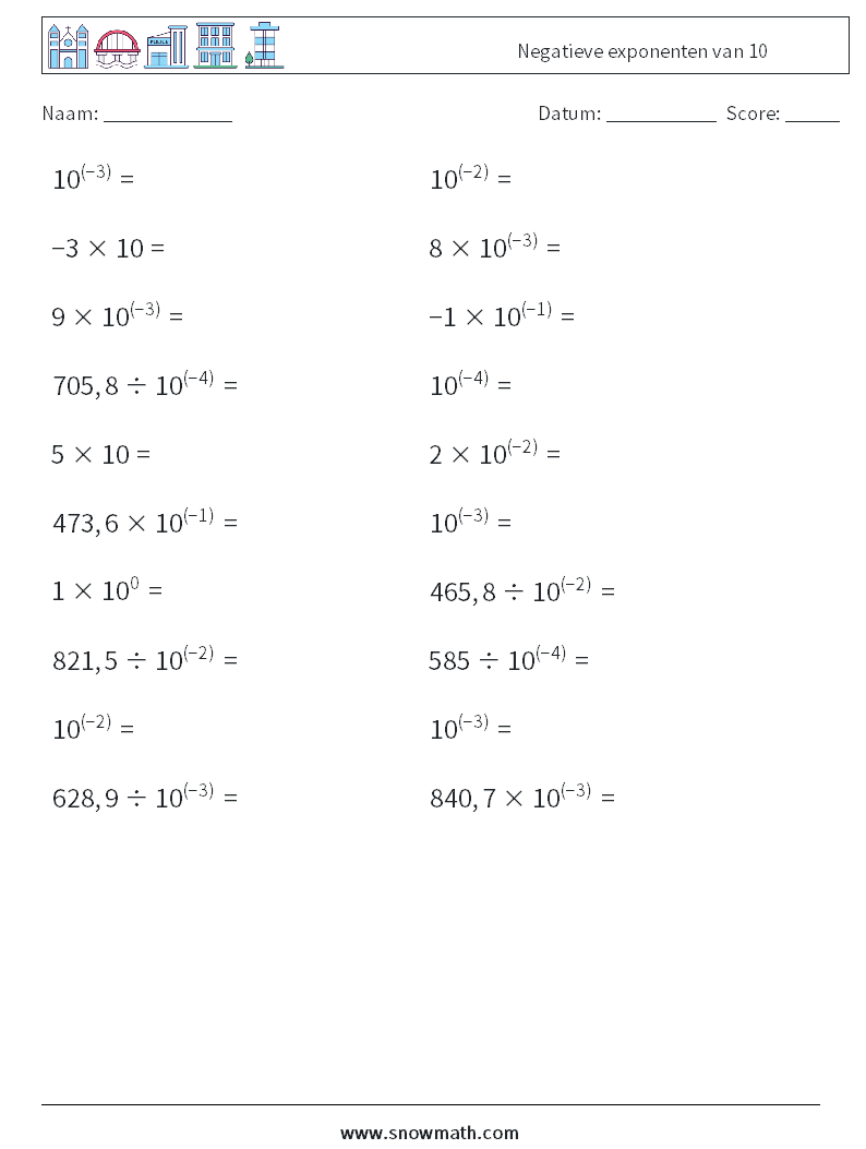 Negatieve exponenten van 10 Wiskundige werkbladen 9