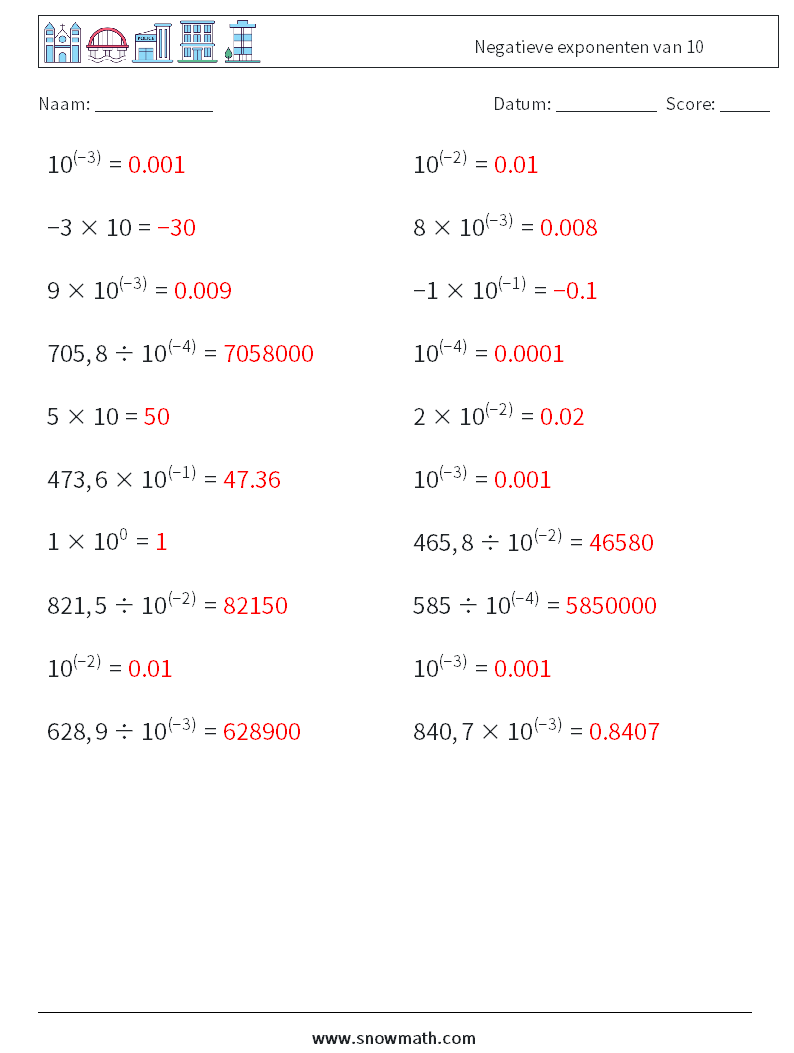 Negatieve exponenten van 10 Wiskundige werkbladen 9 Vraag, Antwoord