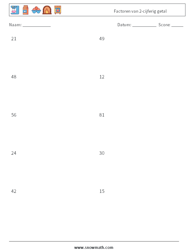 Factoren van 2-cijferig getal Wiskundige werkbladen 2