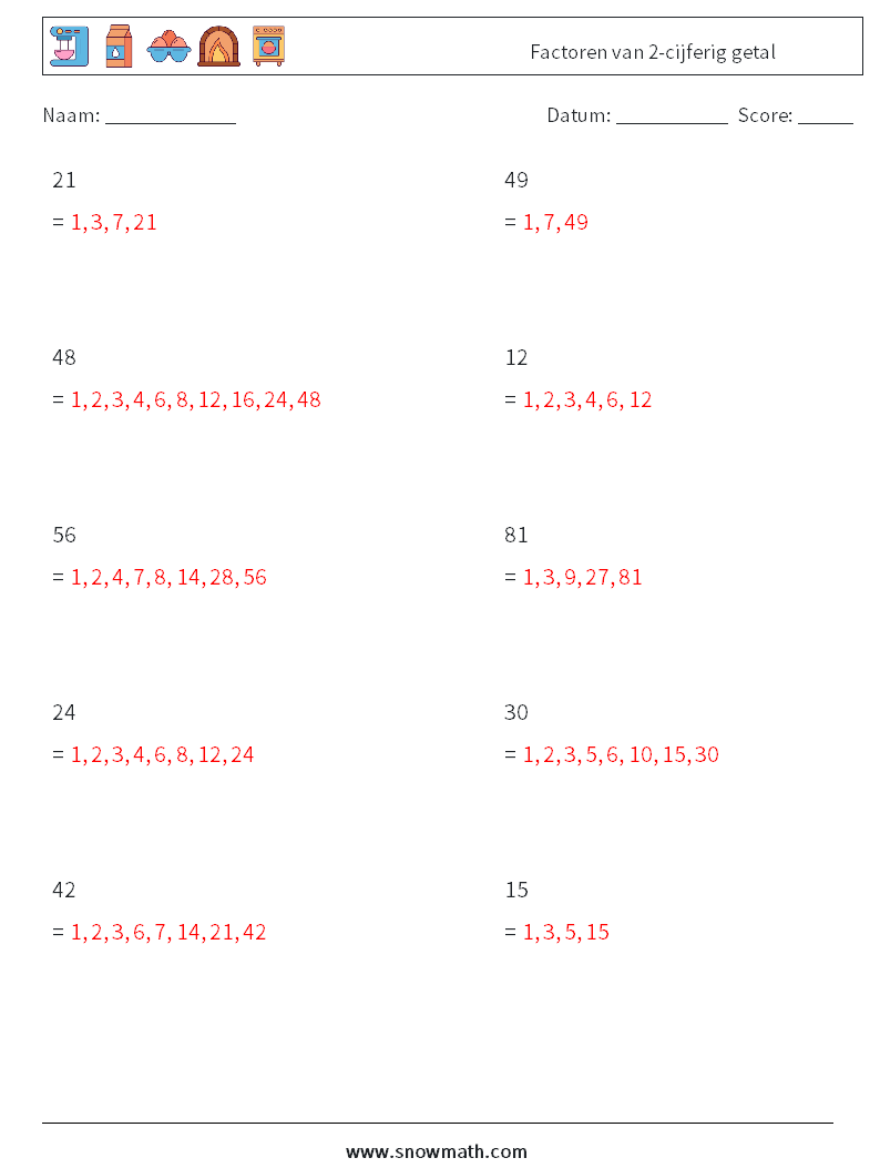 Factoren van 2-cijferig getal Wiskundige werkbladen 2 Vraag, Antwoord