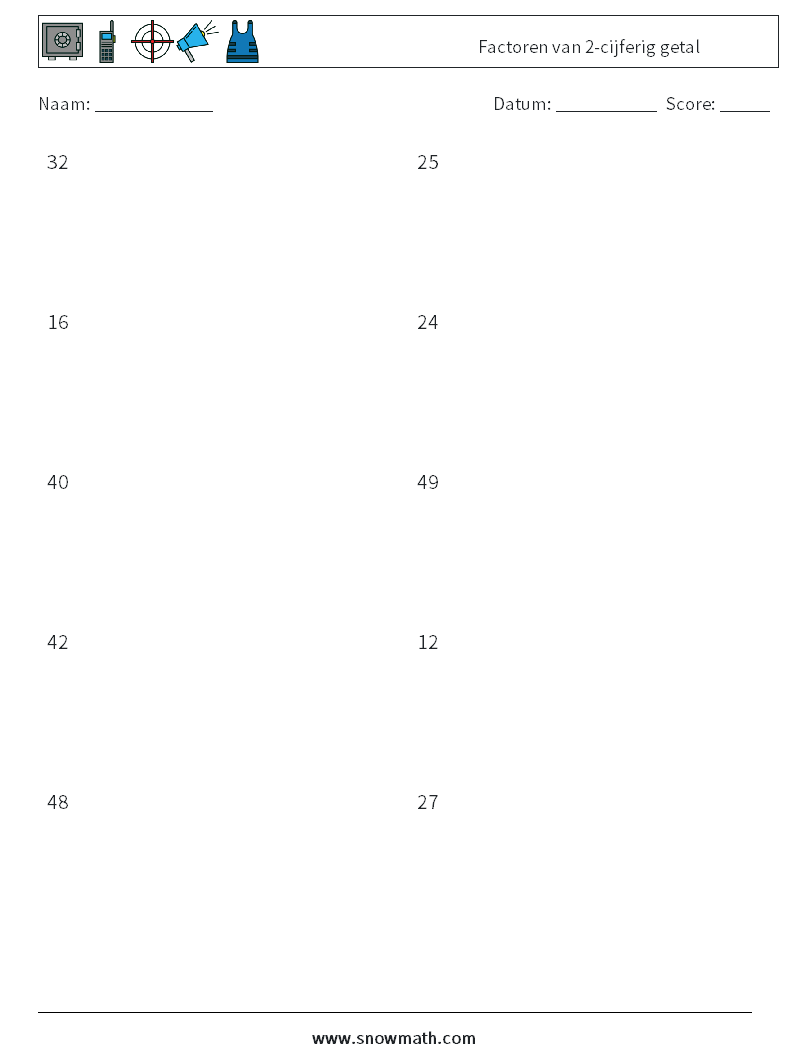 Factoren van 2-cijferig getal Wiskundige werkbladen 3