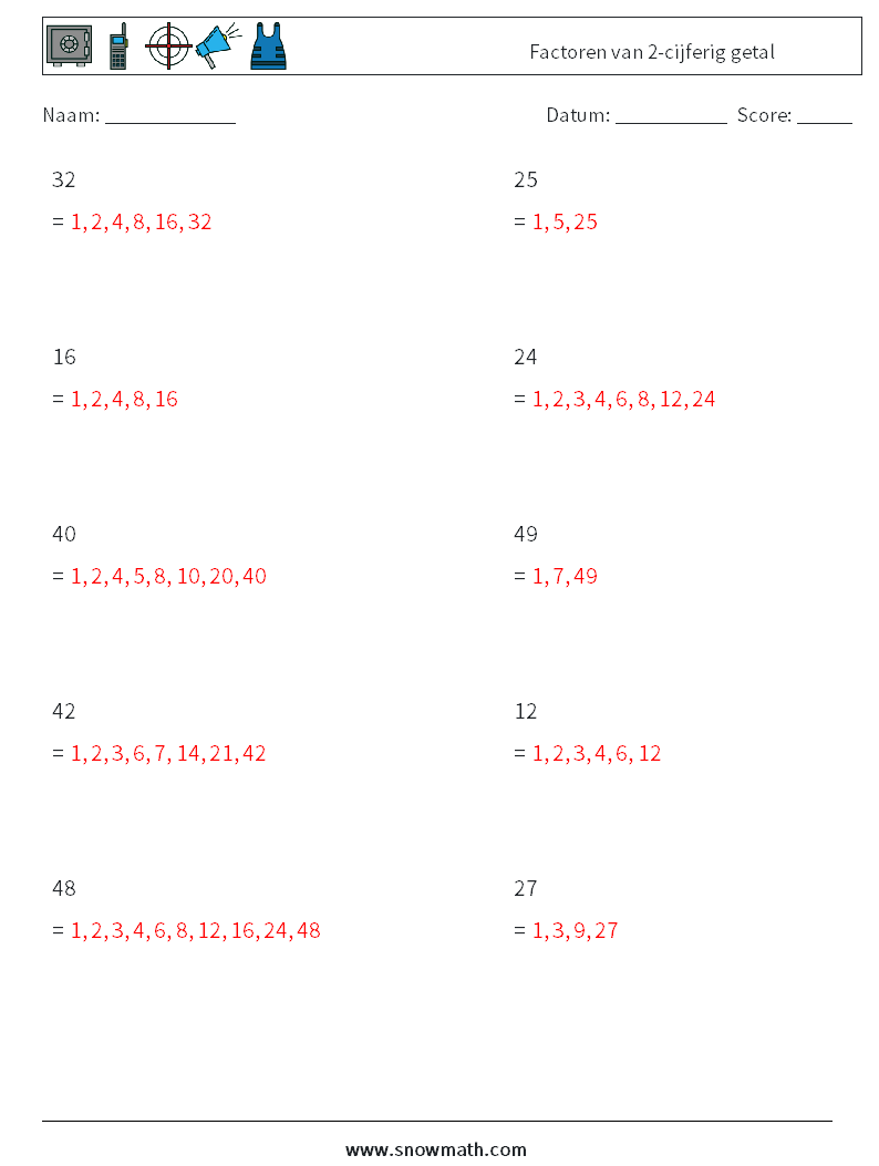 Factoren van 2-cijferig getal Wiskundige werkbladen 3 Vraag, Antwoord