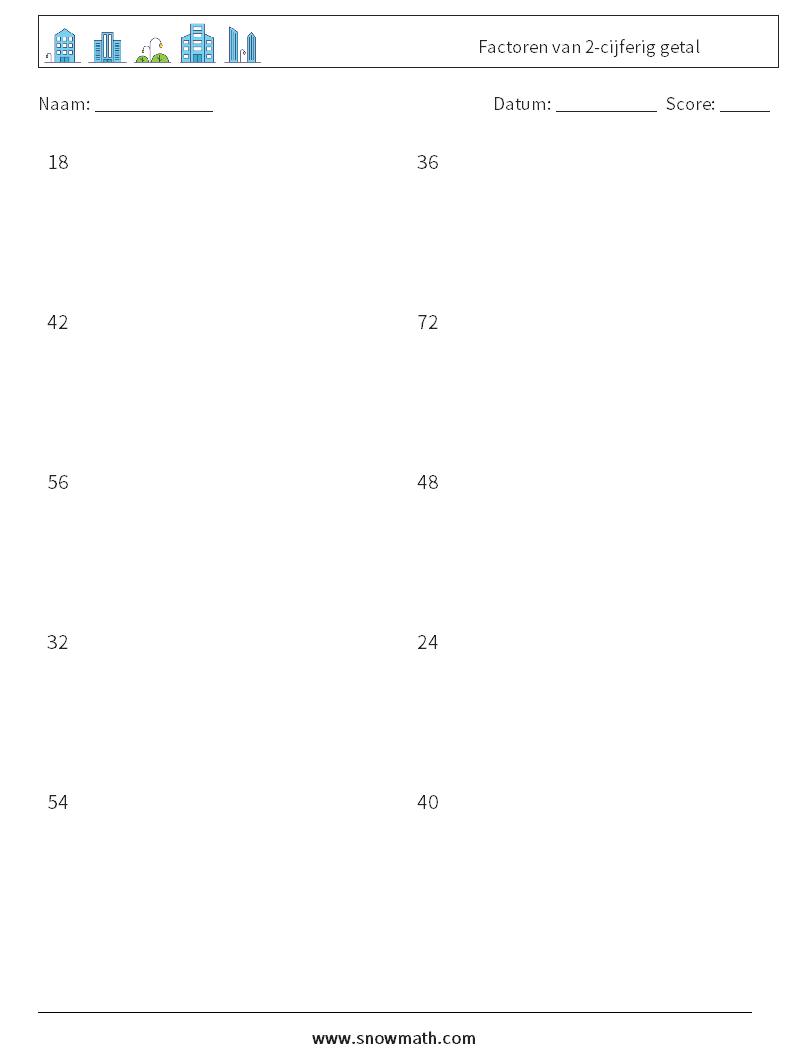 Factoren van 2-cijferig getal Wiskundige werkbladen 4