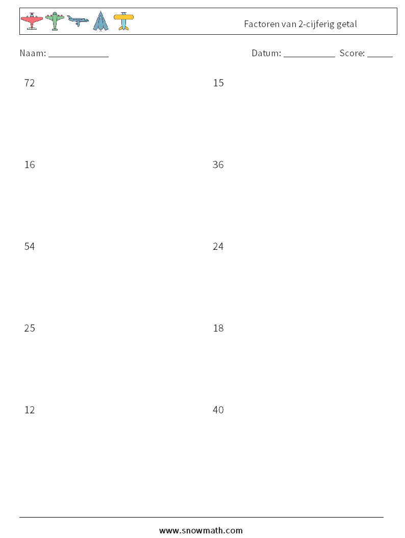 Factoren van 2-cijferig getal Wiskundige werkbladen 5