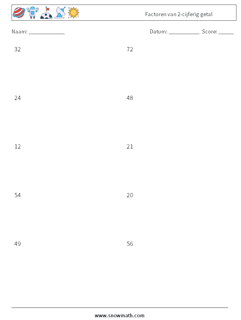 Factoren van 2-cijferig getal Wiskundige werkbladen 7